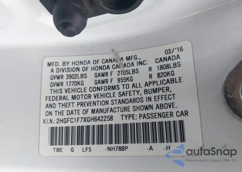 2016 Honda Civic Ex-L from USA, damaged, VIN 2HGFC1F7XGH642258